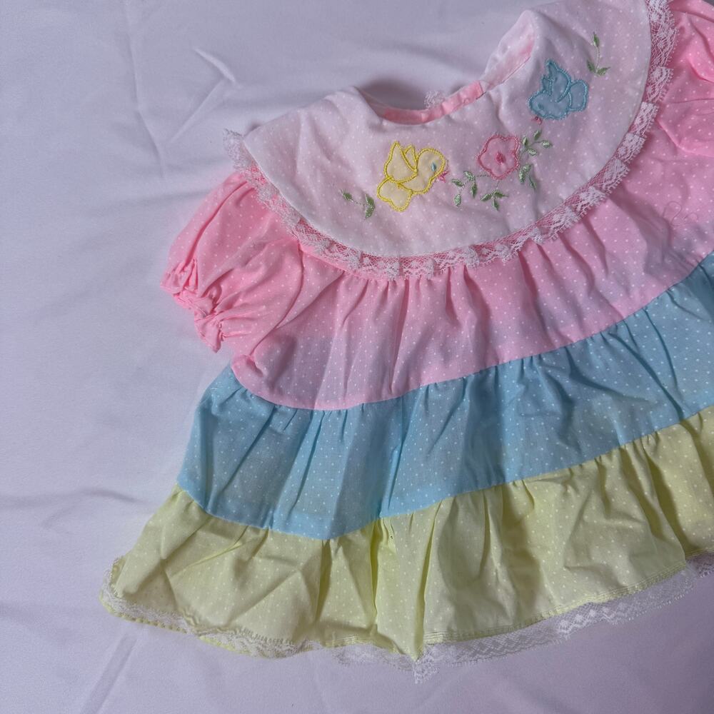 Vintage 80s Cradle Togs Pastel Tiered Bird Embroidered Lace Bib Collar Dress